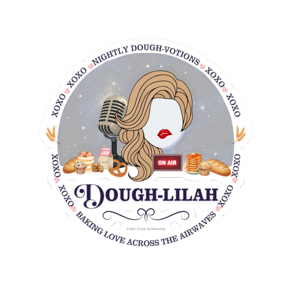 Dough-Lilah Kiss-Cut Sticker — Baking Podcast Logo Sticker (Nightly Dough-votions)
